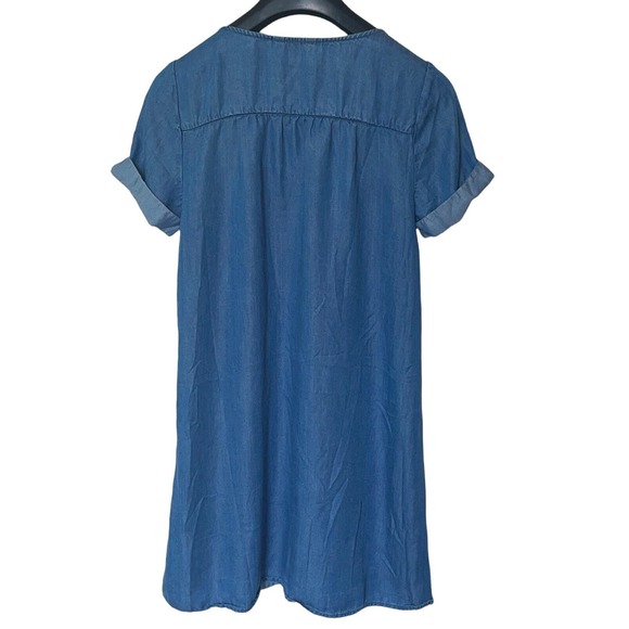 Lucky Brand Shift Dress Boho Blue Denim Lace Up V-Neck Short Sleeves Size S - Picture 3 of 4